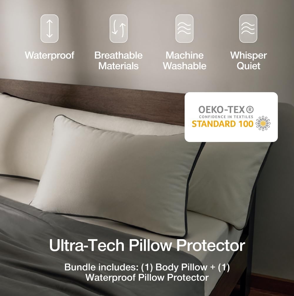 Coop Home Goods Original Adjustable Body Pillow (20x54) and Ultra-Tech Waterproof Pillow Protector Bundle for Pregnancy, Full Body…