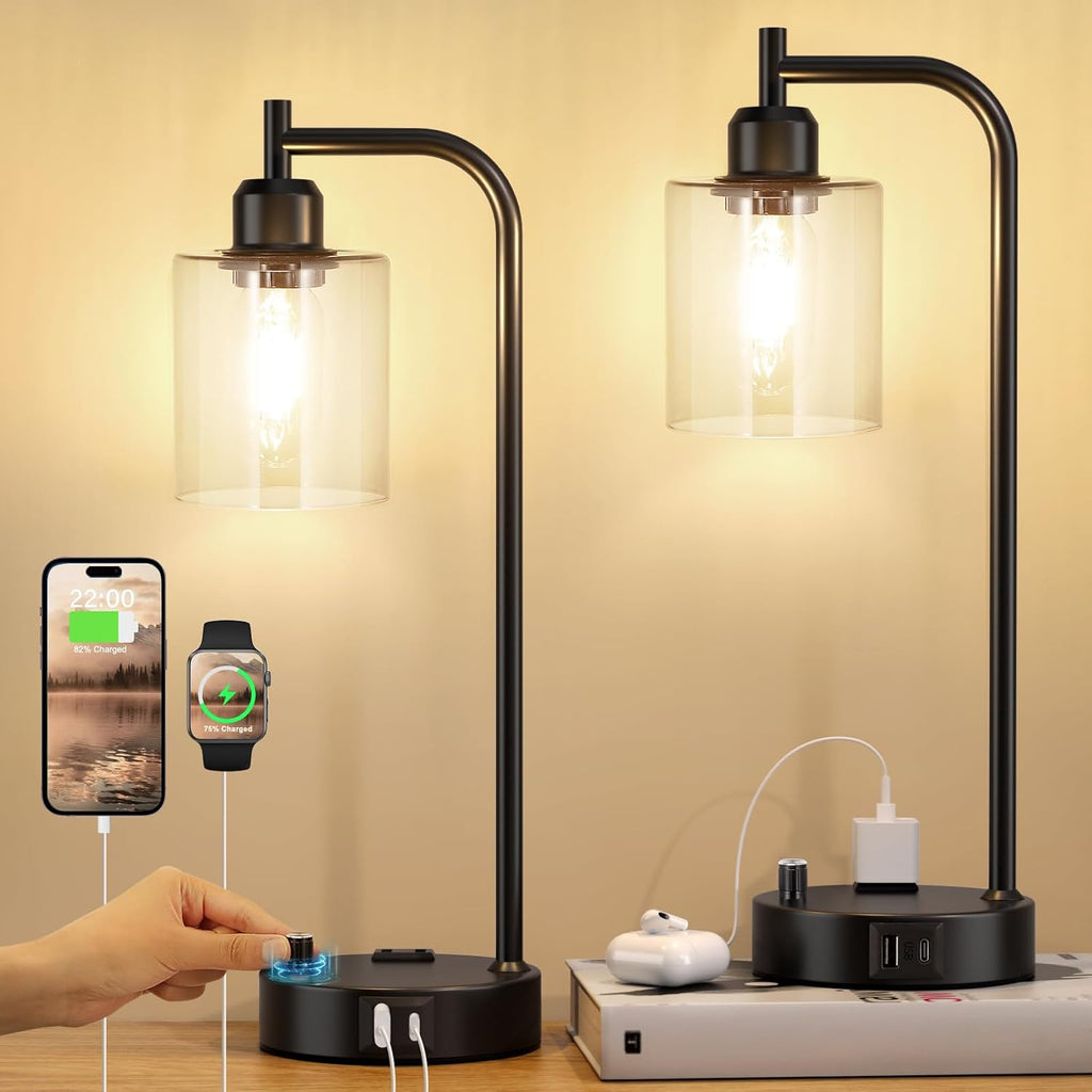 Industrial Nightstand Lamps for Bedrooms Set of 2 - Fully Dimmable Bedside Lamps with USB A C Ports and Outlet, Black Table Lamps with…