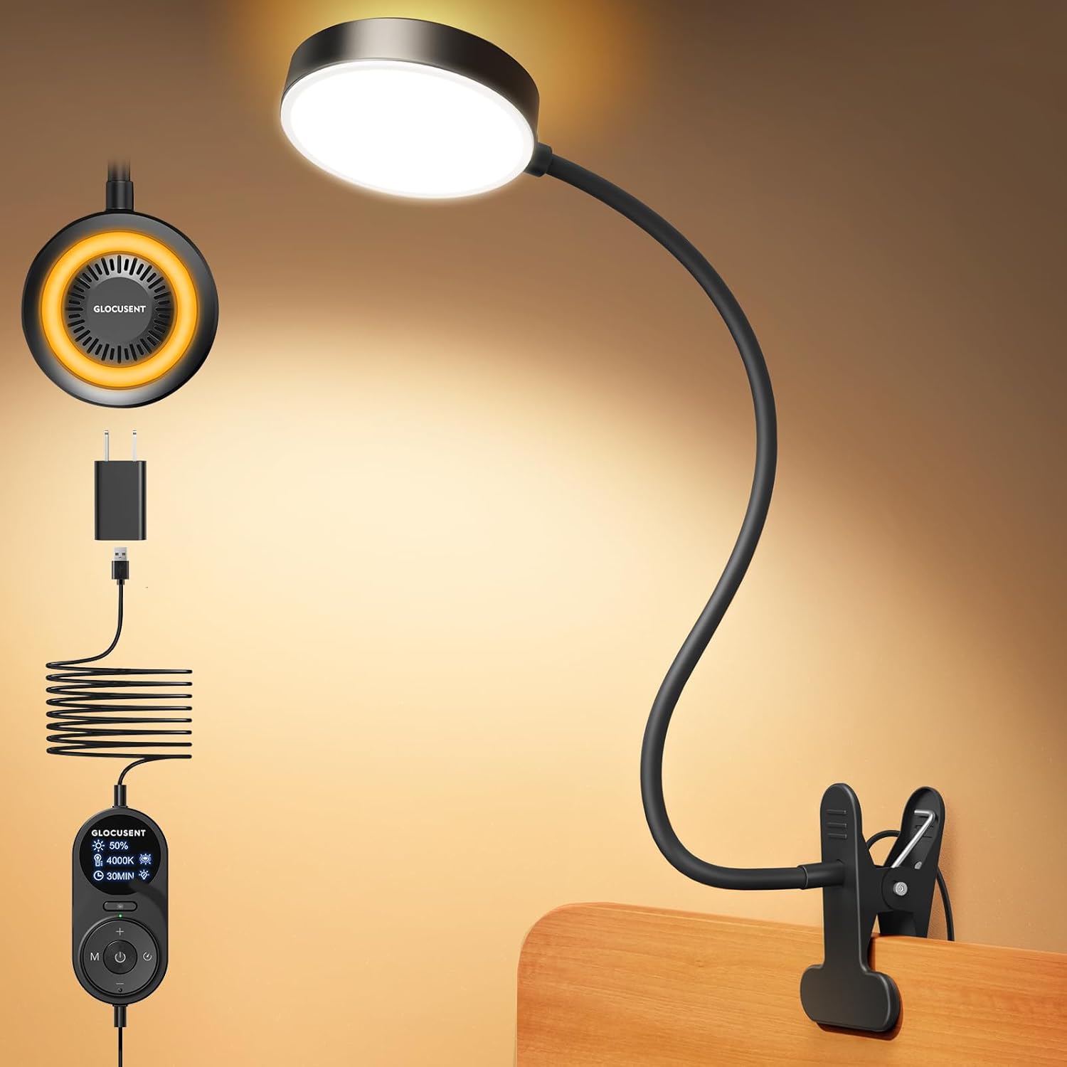 Glocusent Clip on Light, 72 LEDs Clip on Lamp with Amber Night Light, 3 Colors & 5 Brightness Bed Lamp, 30/60-Min Auto Off Timer, Perfect…