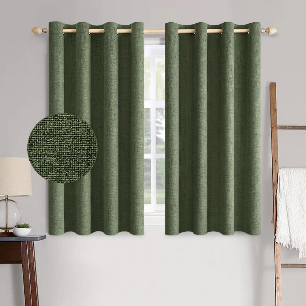 Miulee 100% Blackout Linen Textured Curtains for Bedroom Solid Thermal Insulated Olive Green Grommet Room Darkening Curtains & Drapes Luxur…