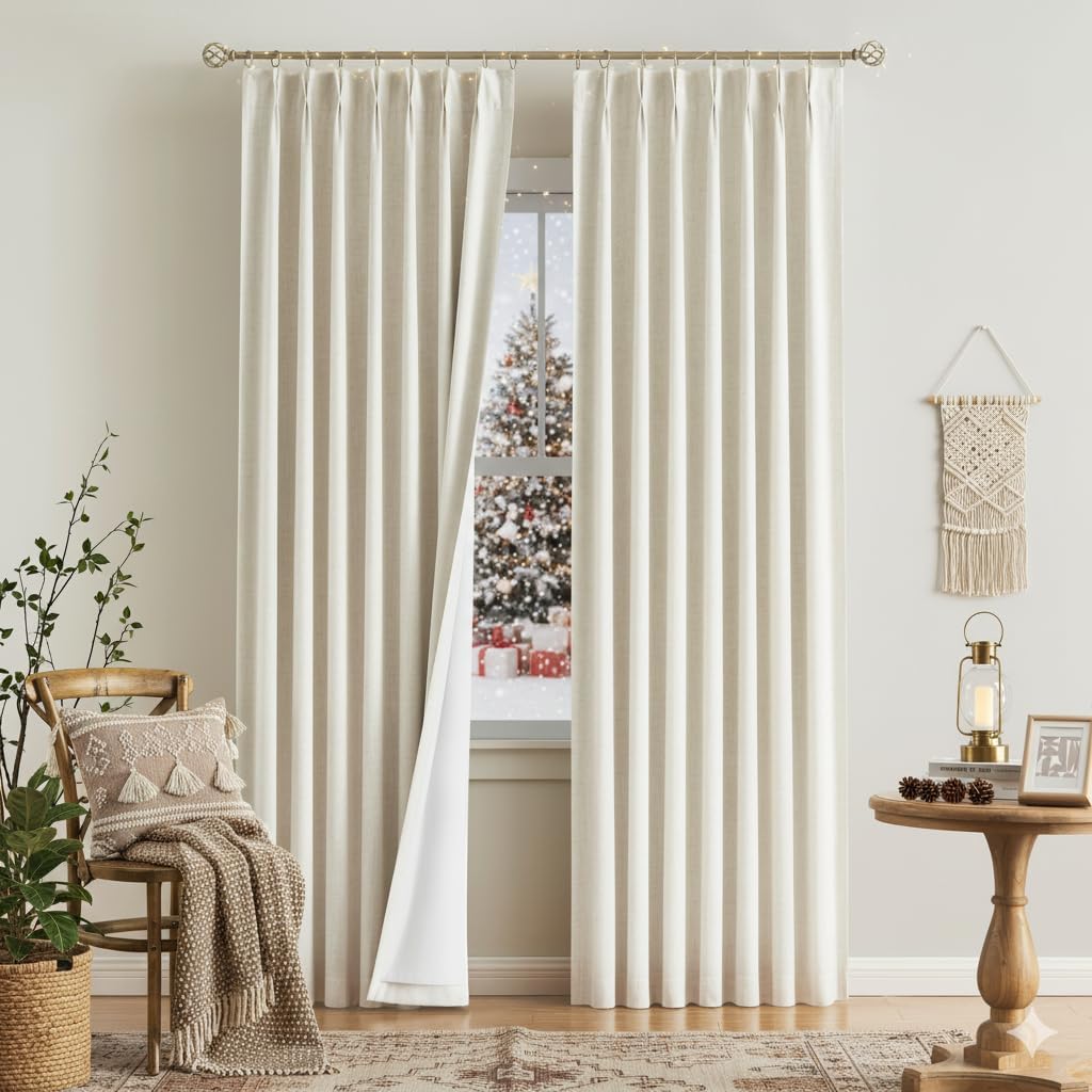 VisionHome Vision Home Natural Pinch Pleated Full Blackout Curtains Linen Blended Room Darkening Window Curtains 112 inch for Living Room B…
