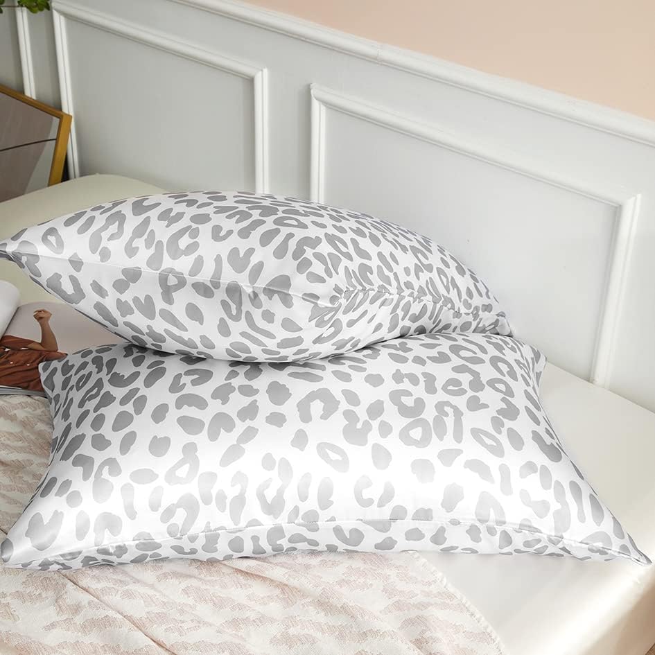 Lcbd Satin Pillowcase King Size for Hair and Skin, Silvergrey Leopard Printed Pillow Cases Set of 2, Silky Cheetah Print Pillow Covers with…