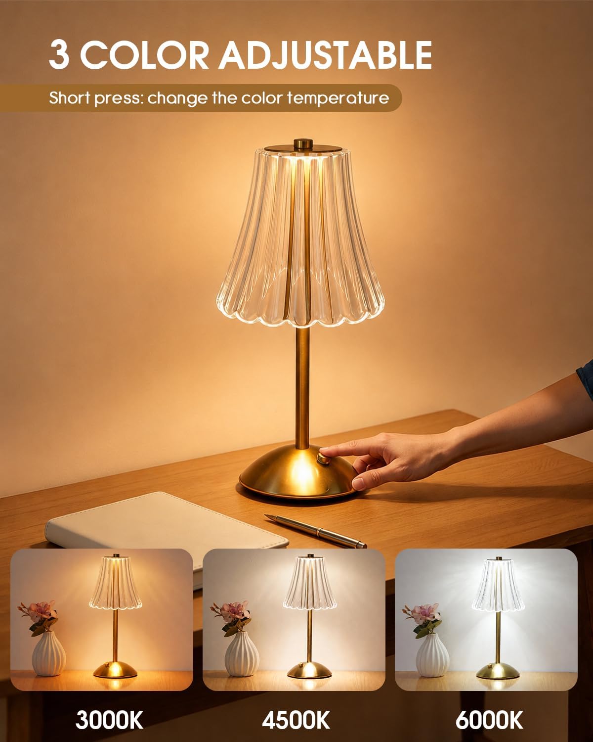 Nusogon Rechargeable Cordless Table Lamp, Touch Control Crystal Desk Lamp with 3500mAh Battery, 3 Color Dimmable LED Small Lamp for…