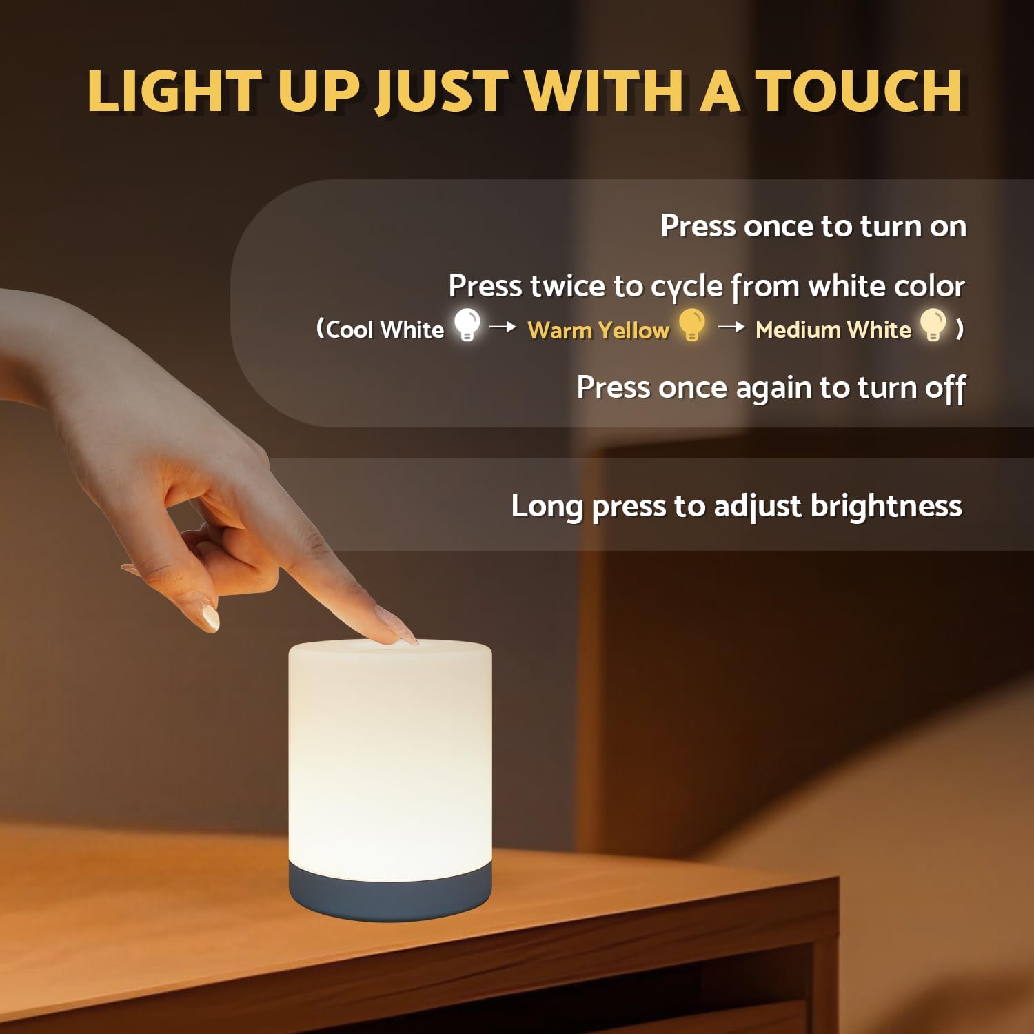 Touch Night Light for Baby Nursery, 3 Color Dimmable Night Light Battery Operated for Kids, Adult, Tap Nightlight Rechargeable, Cordless…