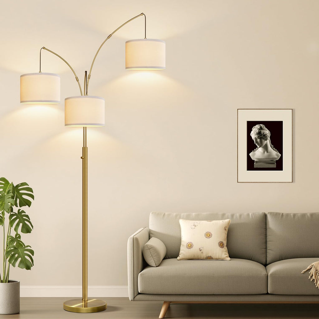 Dimmable Floor Lamp, 3 Light Brass Arc Floor Lamp, Modern Tall Standing Tree Lamp with White Linen Shades & Heavy Base, 3000LM LED Bulbs…