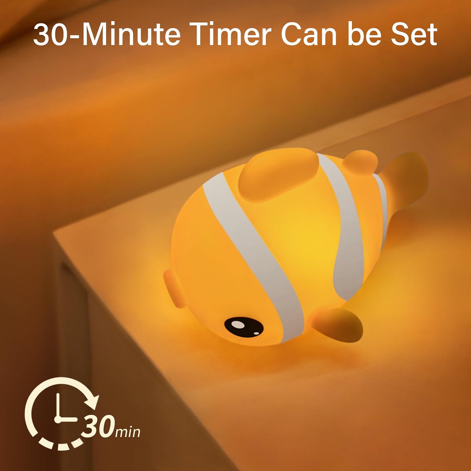 Avacom Cute Clownfish Night Light - Soft Squishy Silicone Pat Lamp with 3-Level Brightness Adjustment, Timer Function, Rechargeable Touch C…