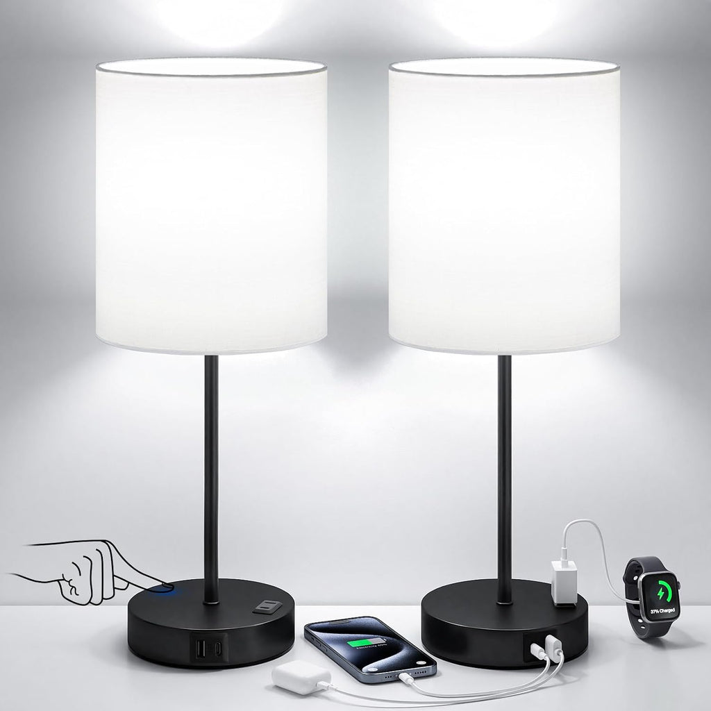 Fenmzeelighting White and Black Lamps for Nightstand Set of 2 - Bedside Table Lamp for Bedroom with Dual USB Ports & AC Outlet, 3-Way Dimma…