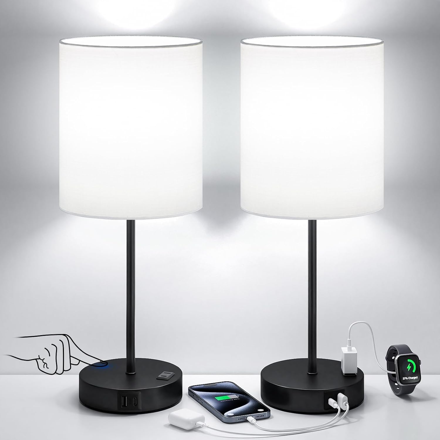Fenmzeelighting White and Black Lamps for Nightstand Set of 2 - Bedside Table Lamp for Bedroom with Dual USB Ports & AC Outlet, 3-Way Dimma…