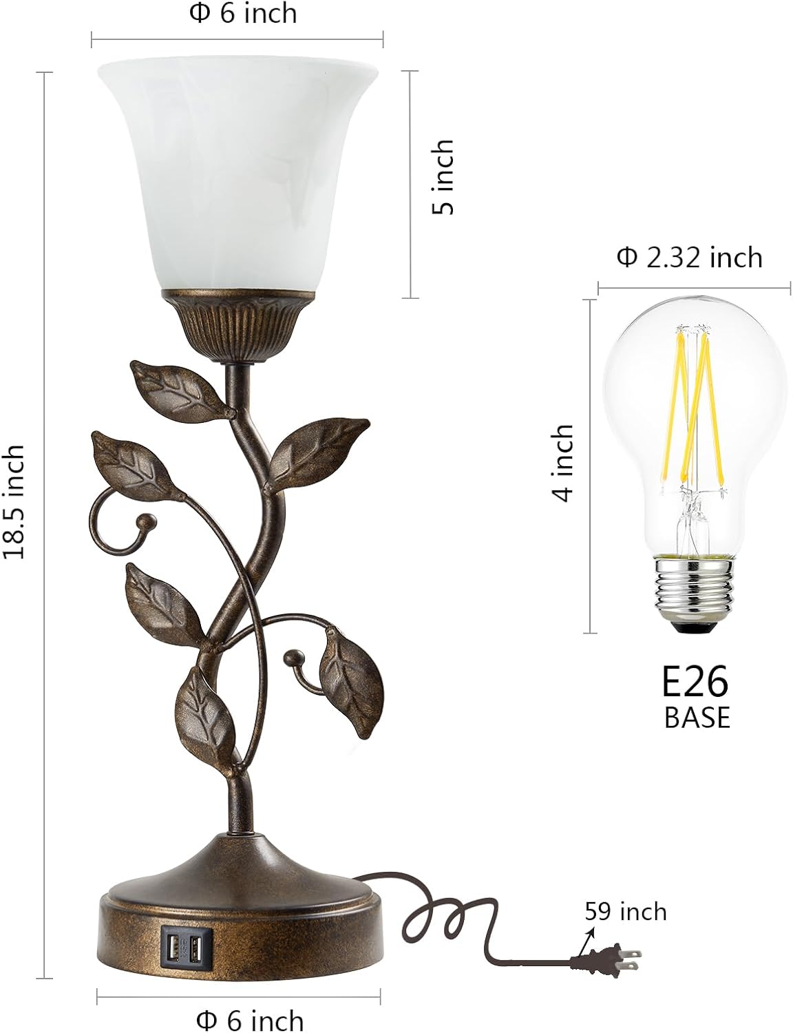 Set of 2 Touch Farmhouse Bedroom Table Lamps, Nightstand Vintage Flower Lamps with 2 USB Ports, 3 Way Dimmable Leaf Lamp for Living Room…