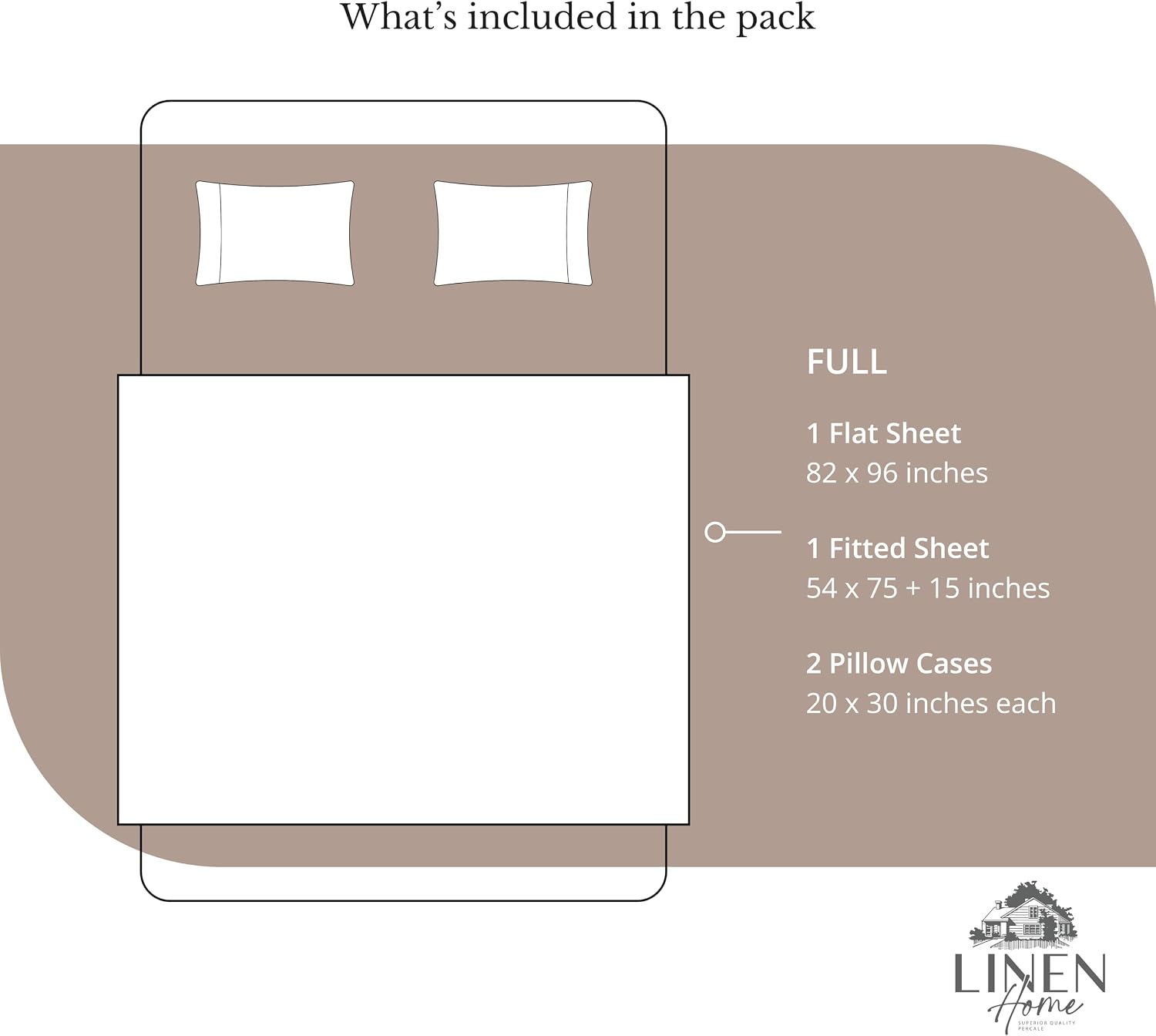Linen Home 100% Cotton Percale Sheets Full Size, Earthy Brown, Deep Pocket, 4 Pieces Set - 1 Flat, 1 Deep Pocket Fitted Sheet and 2…