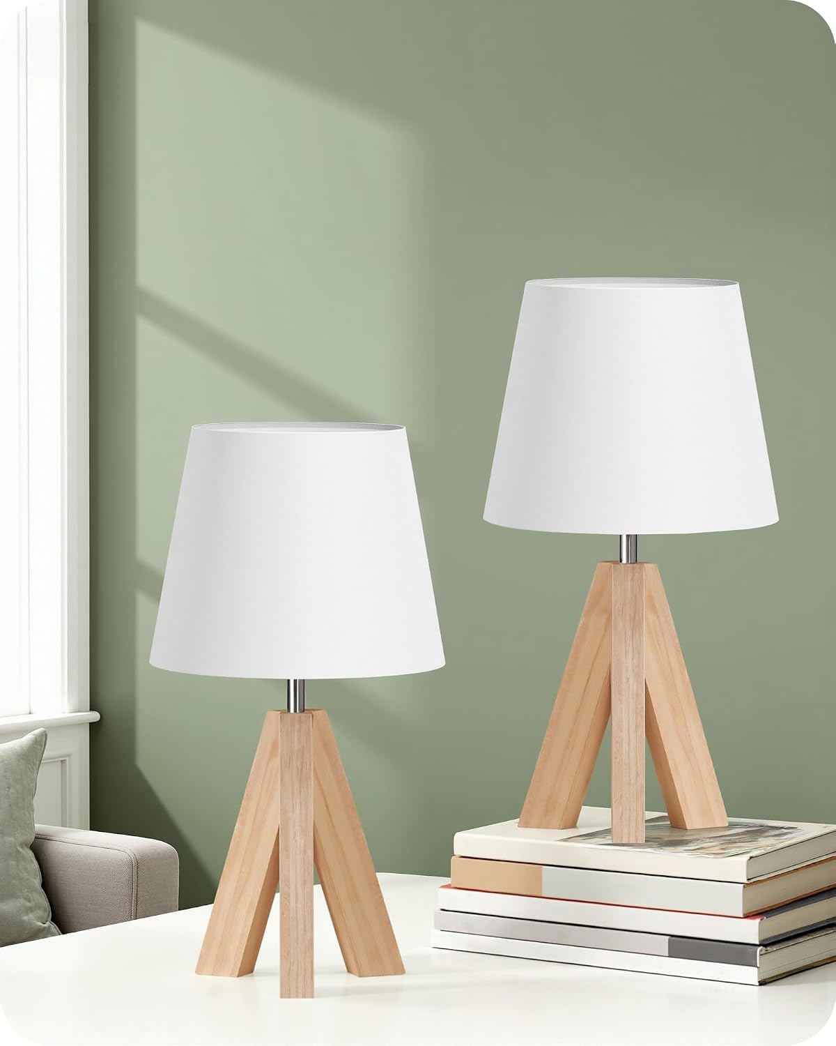 Wood Bedside Lamps Set of 2, Small Tripod Table Lamp, Modern Nightstand Lamp with Fabric Shade, Boho Bedside Wood Desk Lamp for Bedroom…