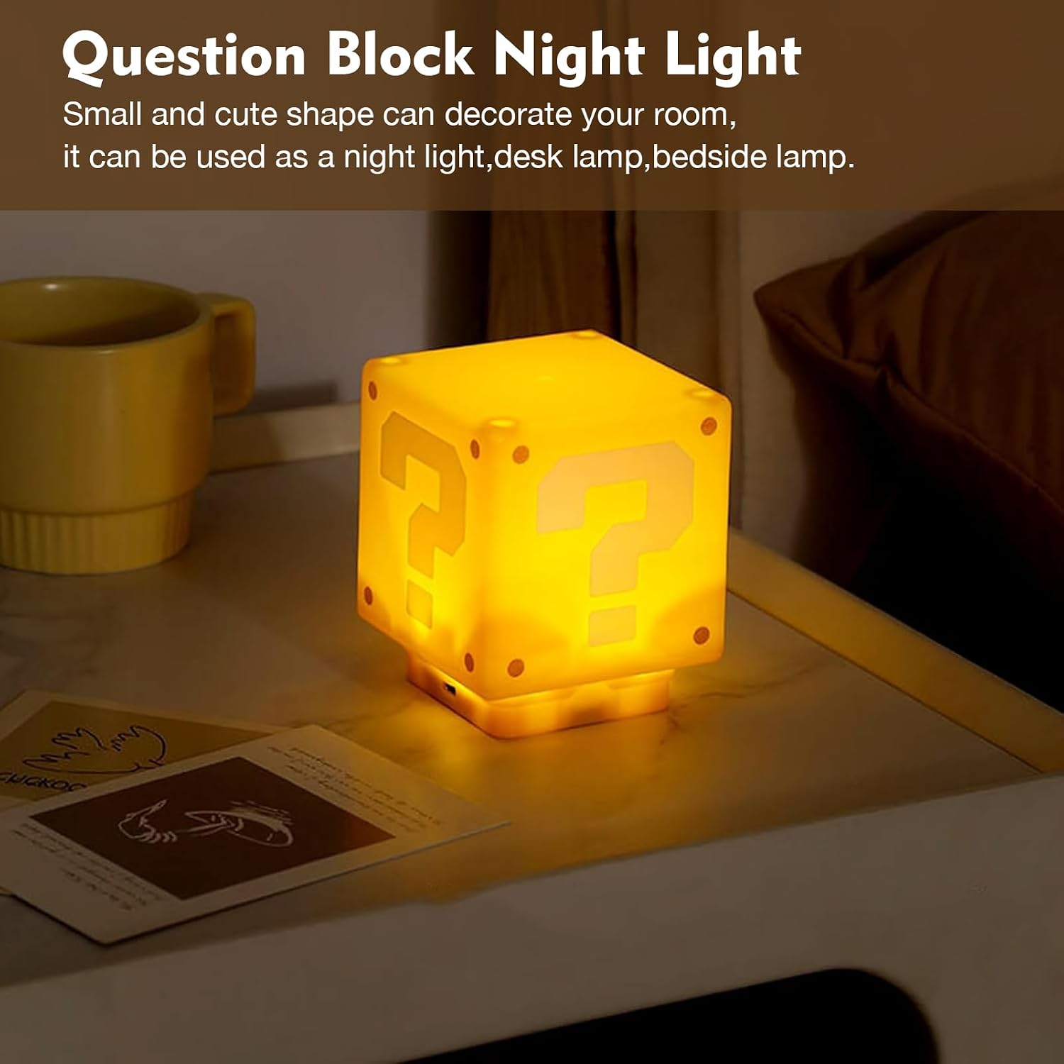 TLAOTNIY Super Bros Mini Question Block Night Lights - USB Powered Bedside Lamp with Game Sound Effects - Gift for Friends & Fans