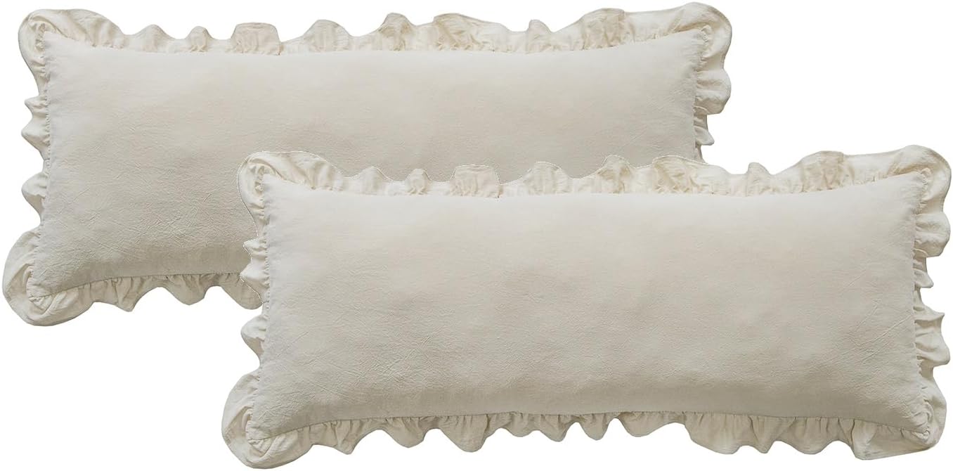 GLORY SEASON Pillow Shams Set of 2 Washed 100% Cotton Retro Ruffle Flounces Trim Solid Beige Decorative Pillow Cases for Home Bedroom…