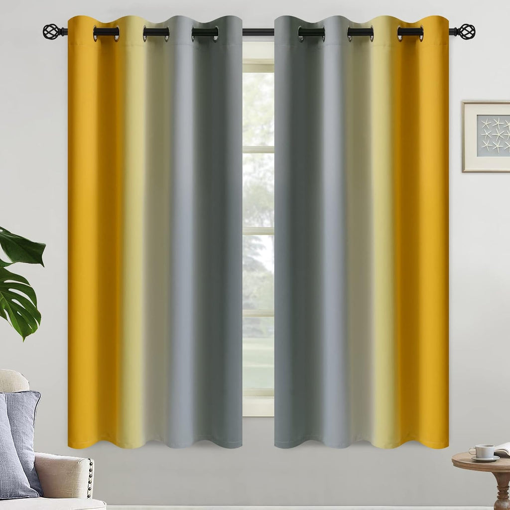 Yakamok Ombre Grey and Yellow Curtains for Bedroom, Gradient Room Darkening Curtains, Grommet Thermal Insulated Light Blocking Window Drape…