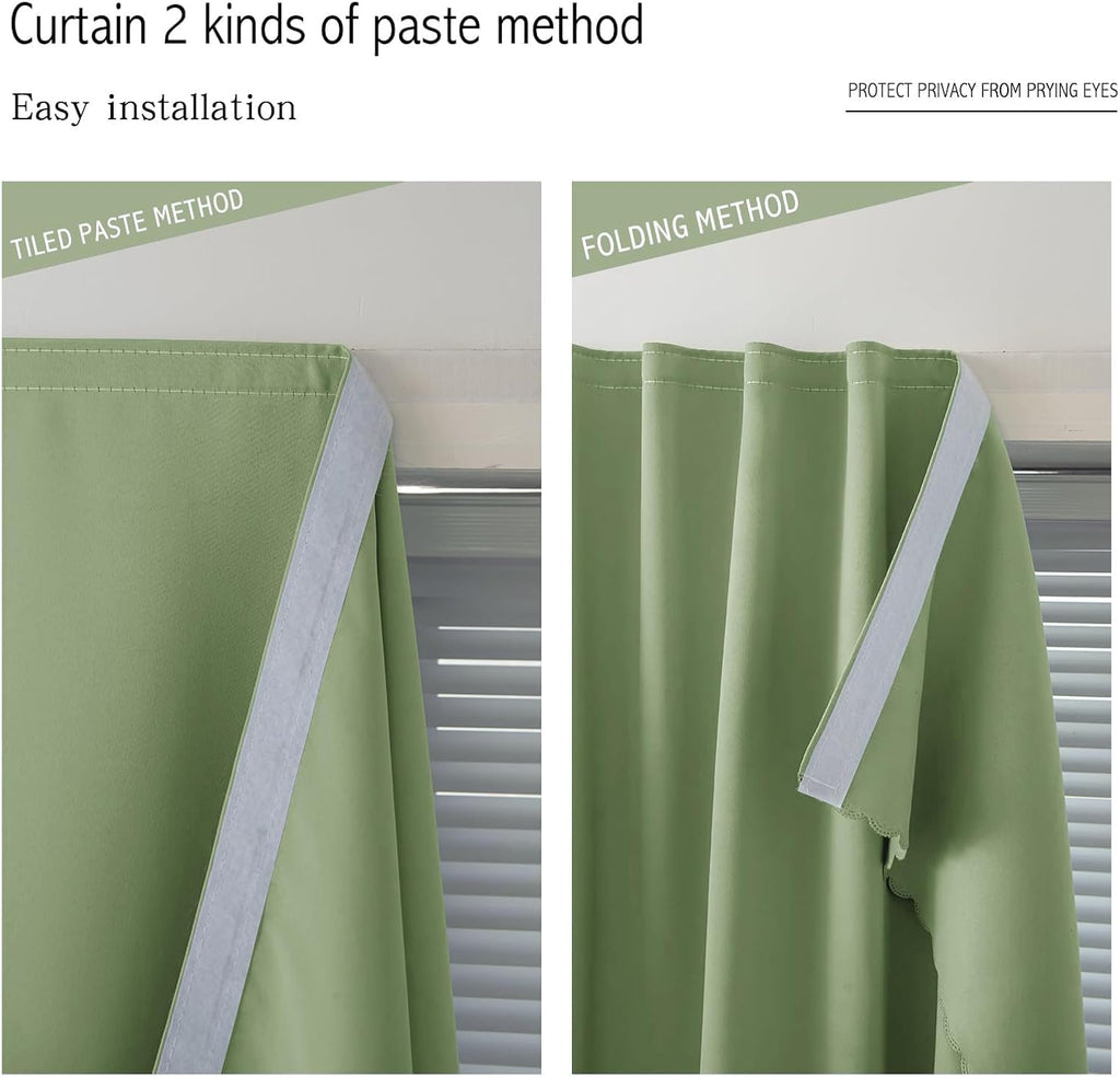 Magic Tape Blackout Curtains for Bedroom No Drillng Self Adhesive Curtains No Rod Small Window, 35" W X 79" L, Sage Green, 1 Panel
