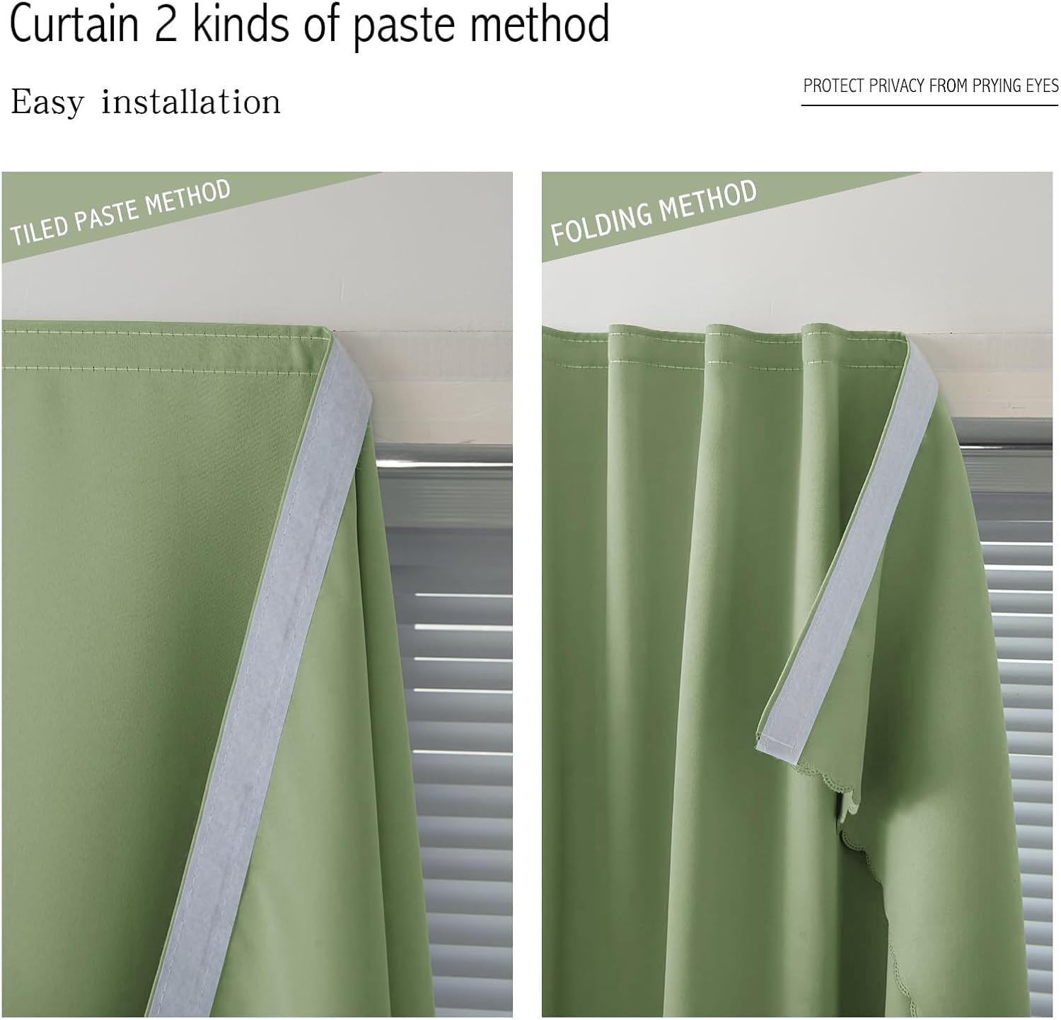 Magic Tape Blackout Curtains for Bedroom No Drillng Self Adhesive Curtains No Rod Small Window, 35" W X 79" L, Sage Green, 1 Panel