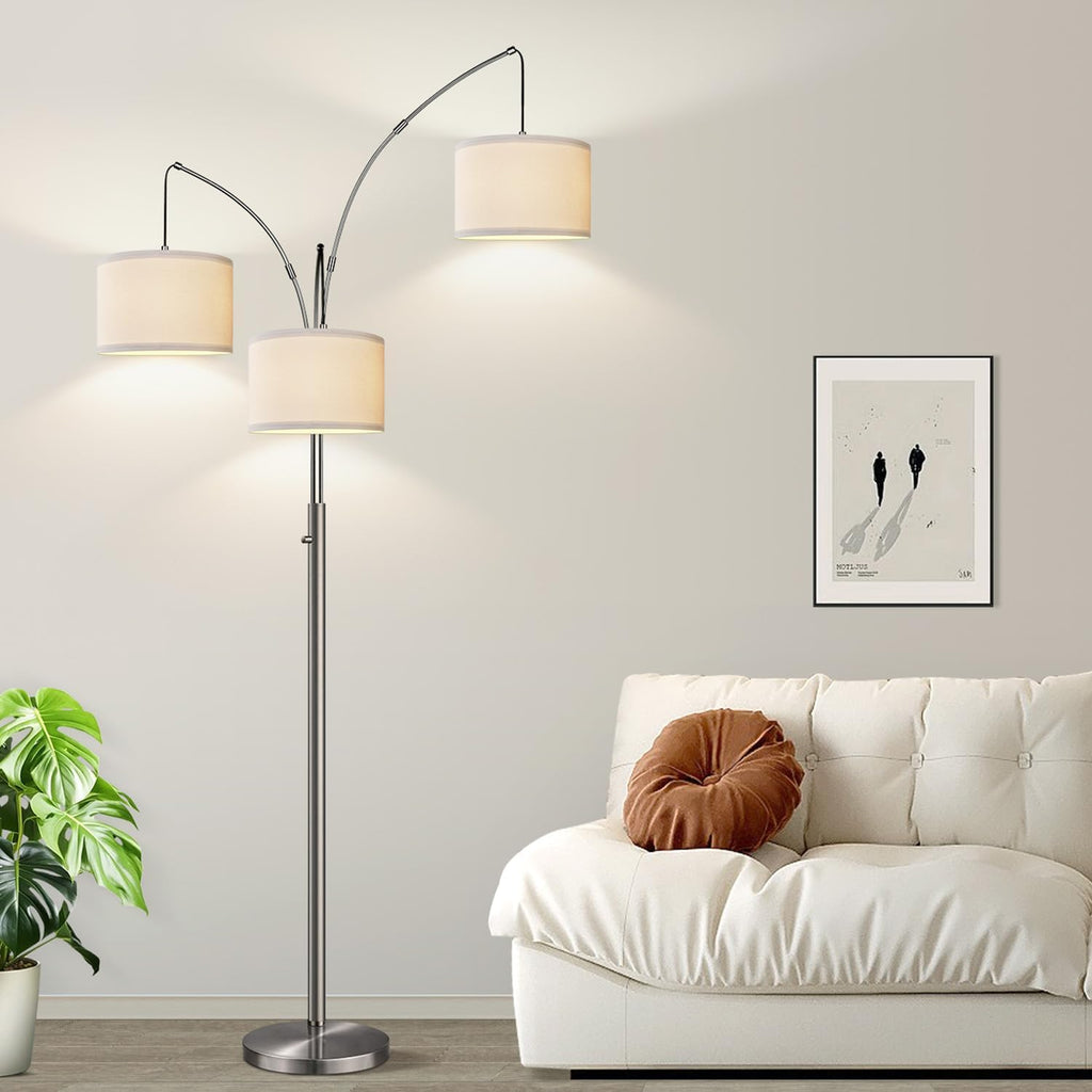 Dimmable Brushed Nickel Floor Lamp, 3 Light Arc Floor Lamp, Modern Tall Standing Tree Lamp with White Shades & Heavy Base, 3000LM Cool…