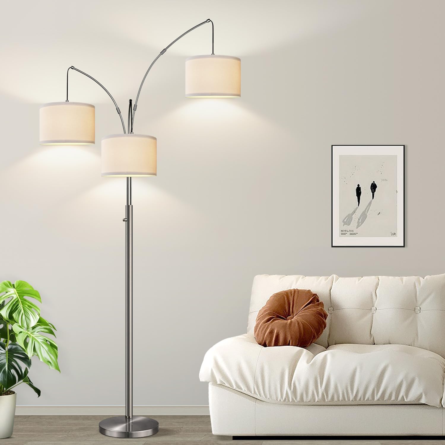 Dimmable Brushed Nickel Floor Lamp, 3 Light Arc Floor Lamp, Modern Tall Standing Tree Lamp with White Shades & Heavy Base, 3000LM Cool…