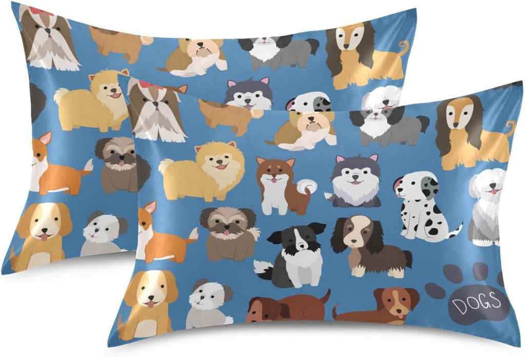 Dogs Cute Blue Print Pillow Covers Silk Pillowcase for Hair and Skin Soft Breathable Smooth Cooling Satin Pillowcase Standard Size Pillow…