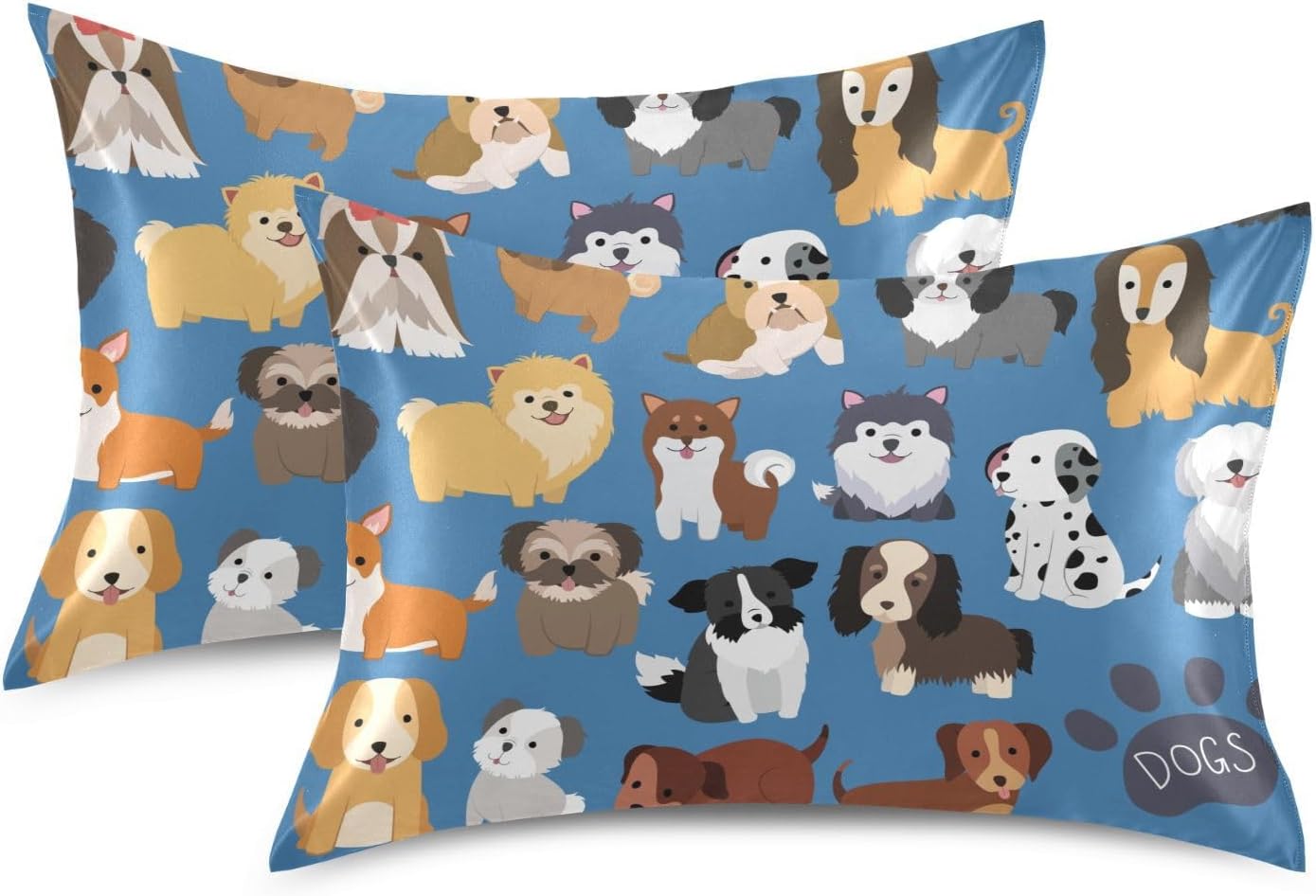 Dogs Cute Blue Print Pillow Covers Silk Pillowcase for Hair and Skin Soft Breathable Smooth Cooling Satin Pillowcase Standard Size Pillow…