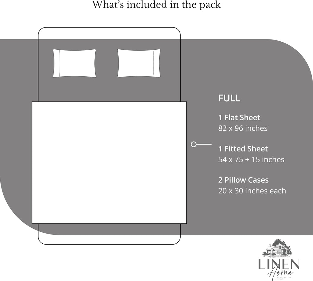 Linen Home 100% Cotton Percale Sheets Full Size, Smoky Charcoal, Deep Pocket, 4 Pieces Set - 1 Flat, 1 Deep Pocket Fitted Sheet and 2…