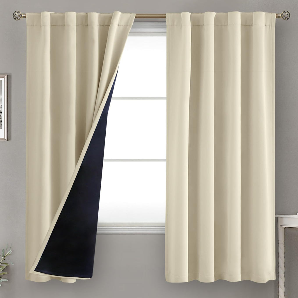 BGment Beige 100% Blackout Curtains 63 Inches Long with Thermal Insulated Liner, Rod Pocket and Back Tab Double Layer Full Room Darkening…