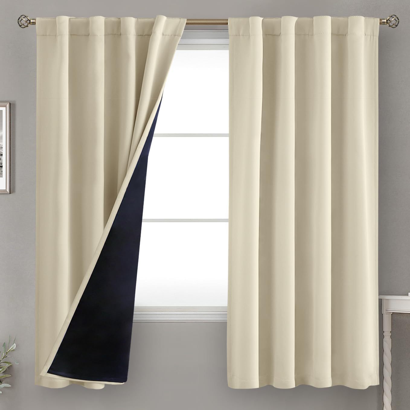 BGment Beige 100% Blackout Curtains 63 Inches Long with Thermal Insulated Liner, Rod Pocket and Back Tab Double Layer Full Room Darkening…