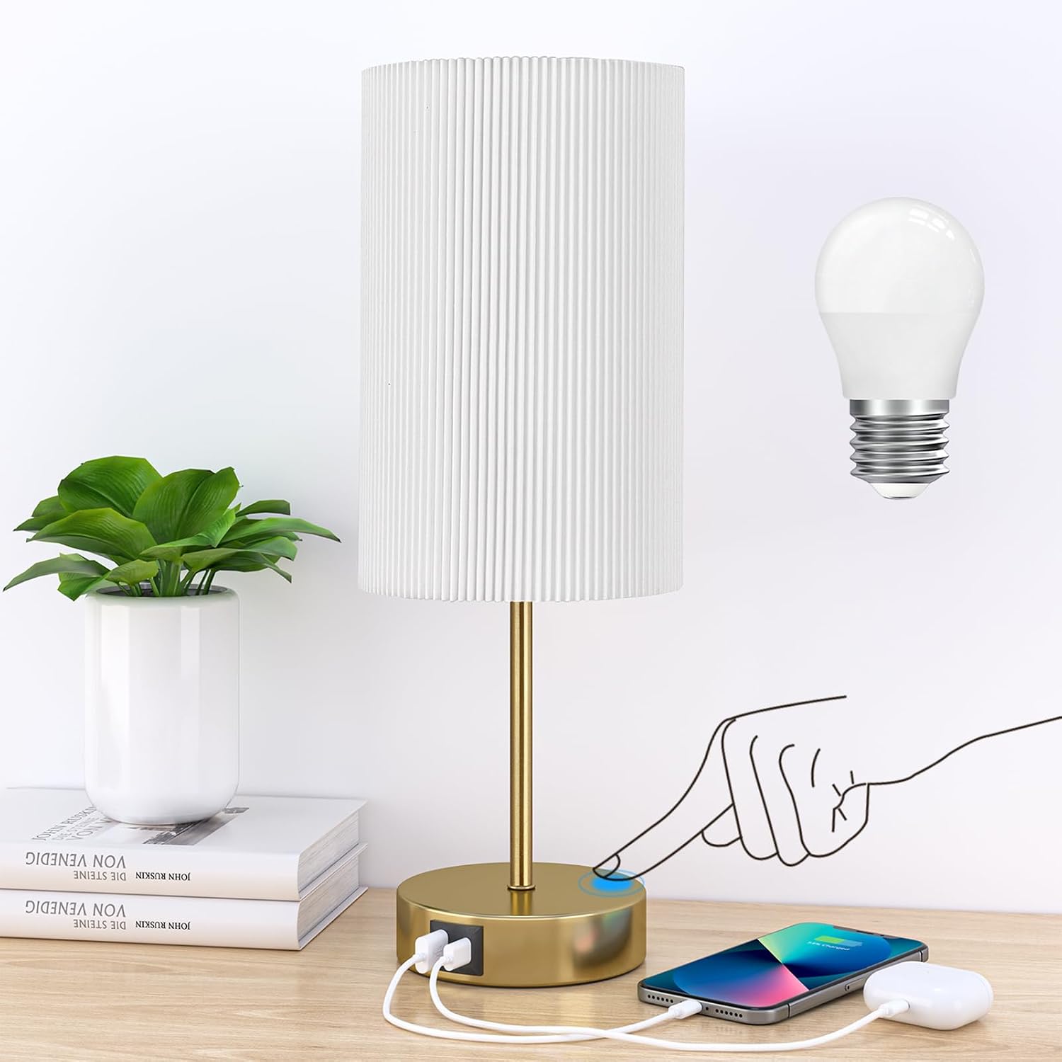 AKASUKI Table Lamp for Bedroom, 3 Way Dimmable Touch Lamp with Dual Charging Station, Small Bedside Lamps for Night Stands, Living Room…