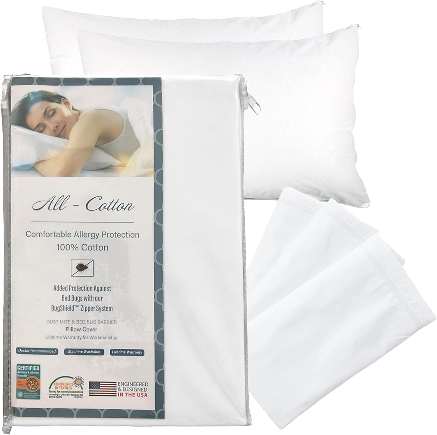 NationalAllergy National Allergy 100% Cotton Zippered Pillow Protector - Standard Size - White - 2 Pack - 300 Thread Count - Hypoallergenic…