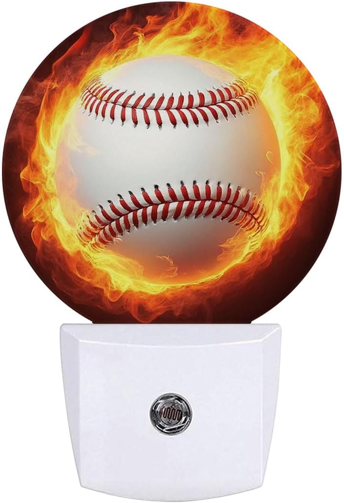 Baseball Fire Night Light Plug Into Wall Auto Led Sleep Round Lamp for Living Room Hallway Stairs