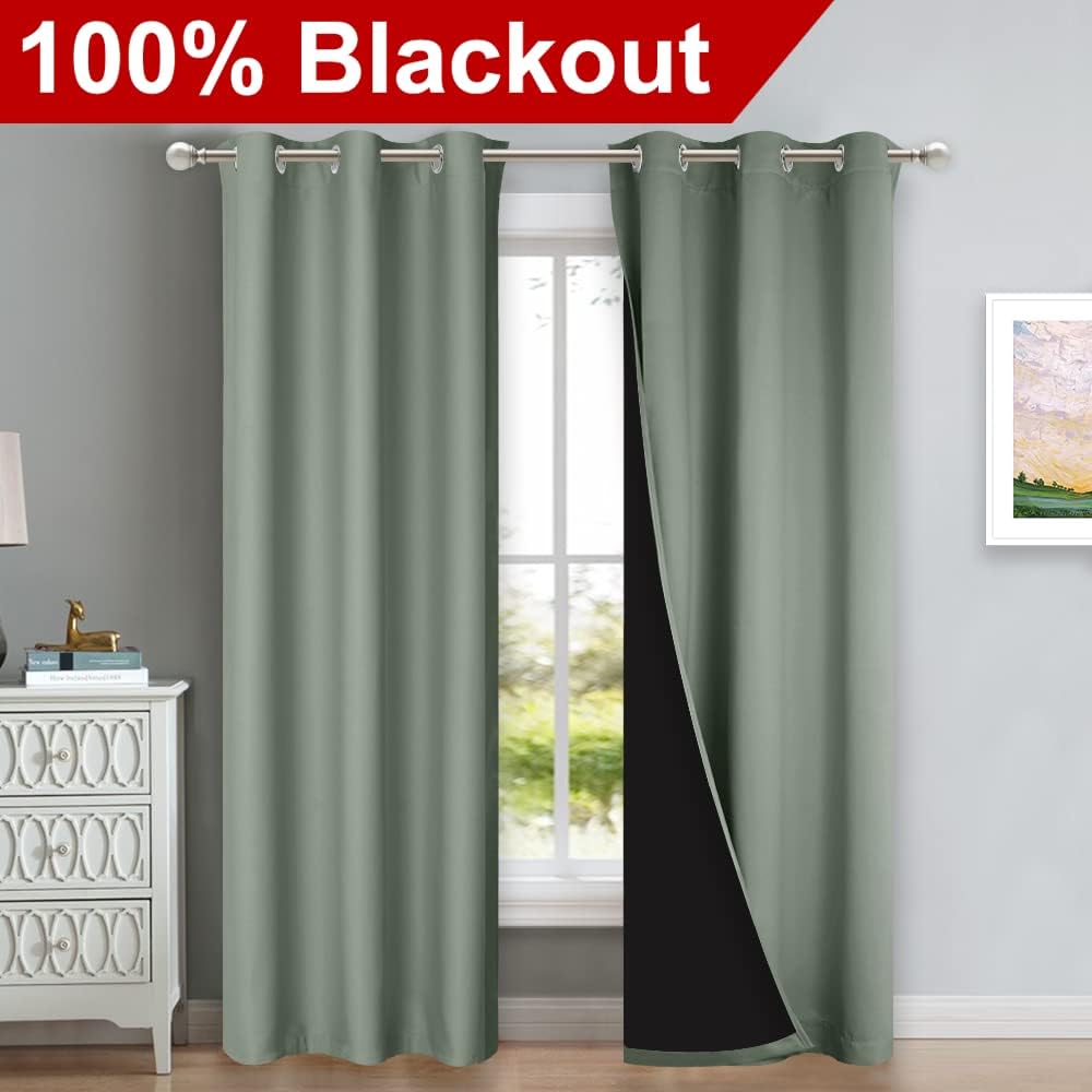 Nicetown Greyish Green Blackout Curtains 84 inches Long, Full Light Blocking Drapes with Black Liner for Nursery, Thermal Insulated Draperi…