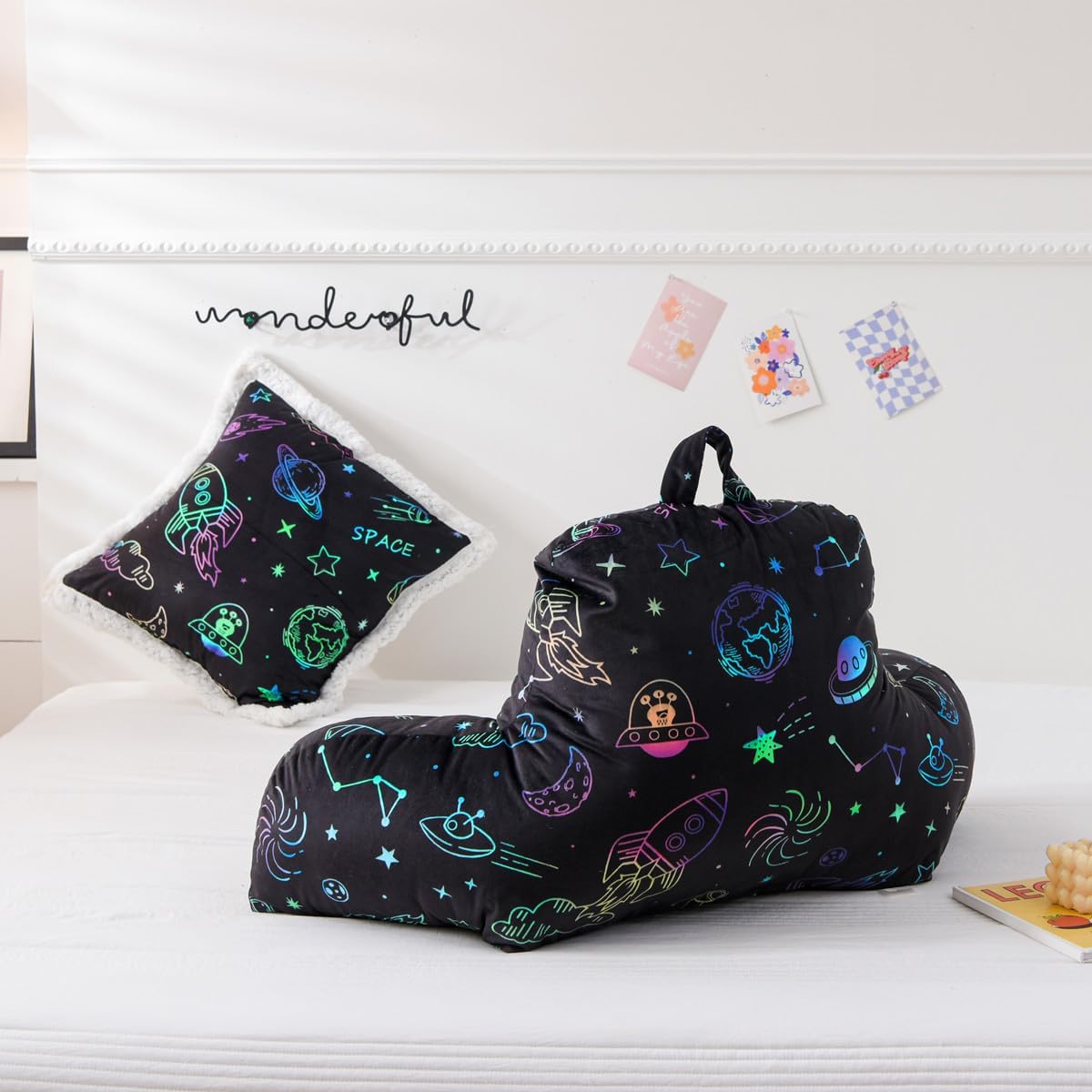 Ntbed Space Printed Reading Pillow Bed Wedge Backrest with Arms, Couch TV Relax Bed Rest Pillow Back Support Cushion for Kids Teens Boys Gi…