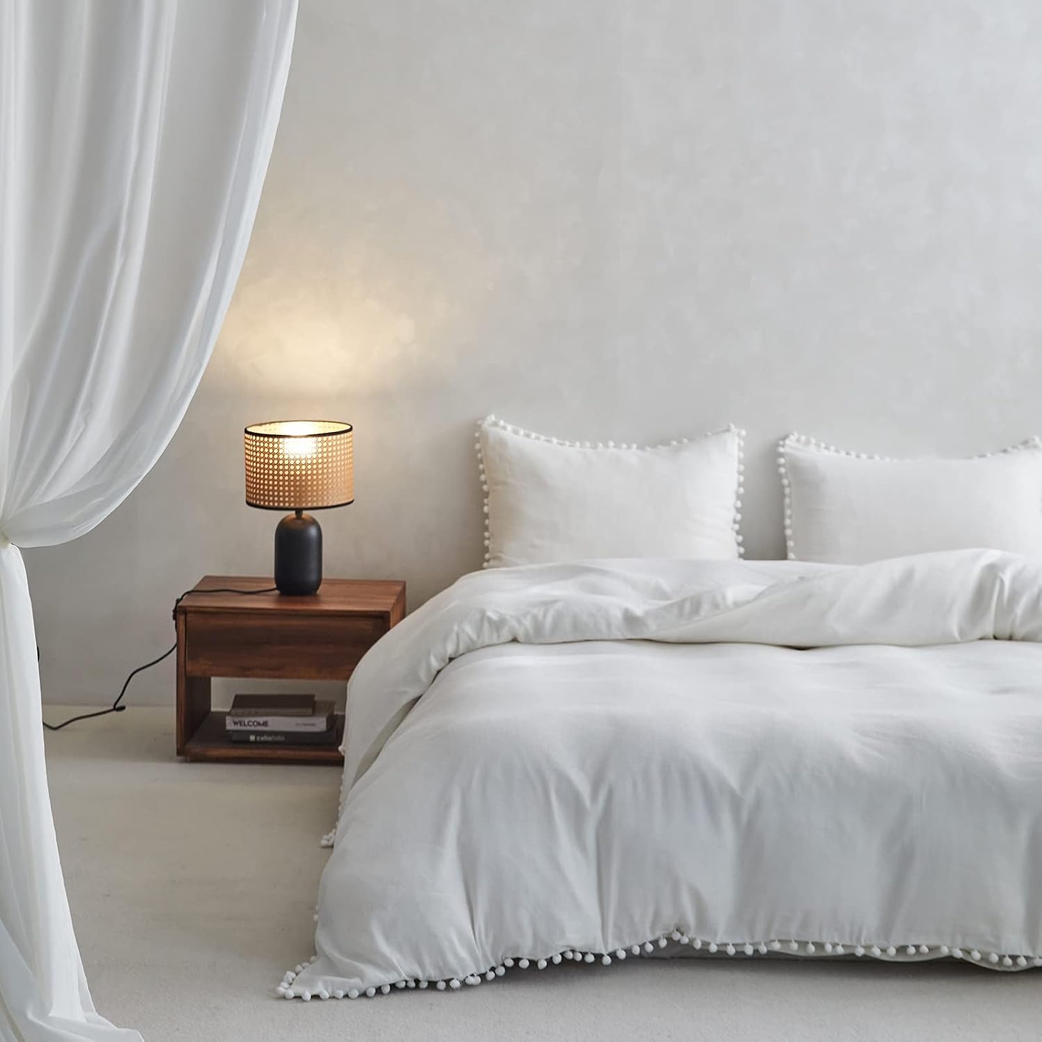 Simple&Opulence French Linen Blended Duvet Cover Queen, Flax Viscose Derived from Bamboo Bedding Set with Pom Pom Trim Soft Cooling for…