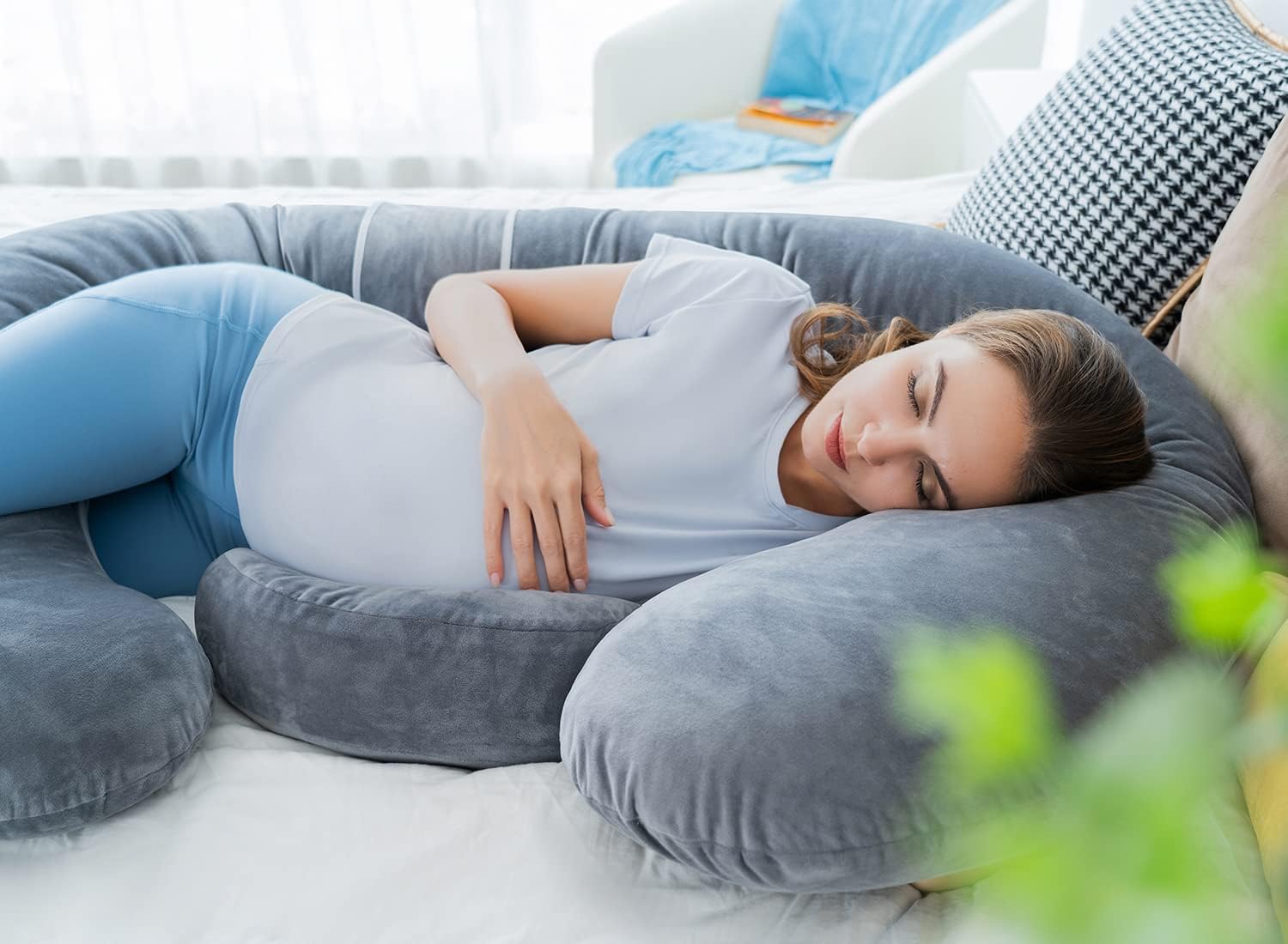 QUEEN ROSE Pregnancy Pillows - E Shaped Pregnancy Pillows for Sleeping, Detachable Body Pillow for Pregnant Side Sleeper, Grey Velvet…