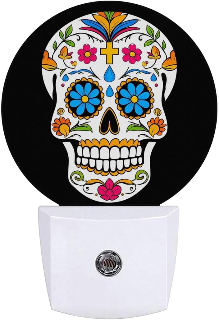 Skull Skeleton Head Halloween Dia De Los Muertos Night Light Plug Into Wall Auto Led Sleep Round Lamp for Living Room Hallway Stairs