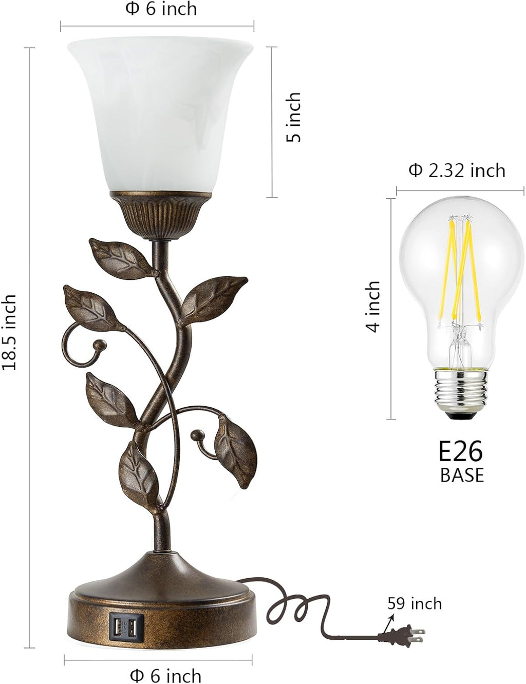 Touch Bedside Table Lamp, Vintage Nightstand Lamp with 2 USB Ports for Living Room, 3 Way Dimmable Leaf Lamp Retro Table Lamp for Bedroom…