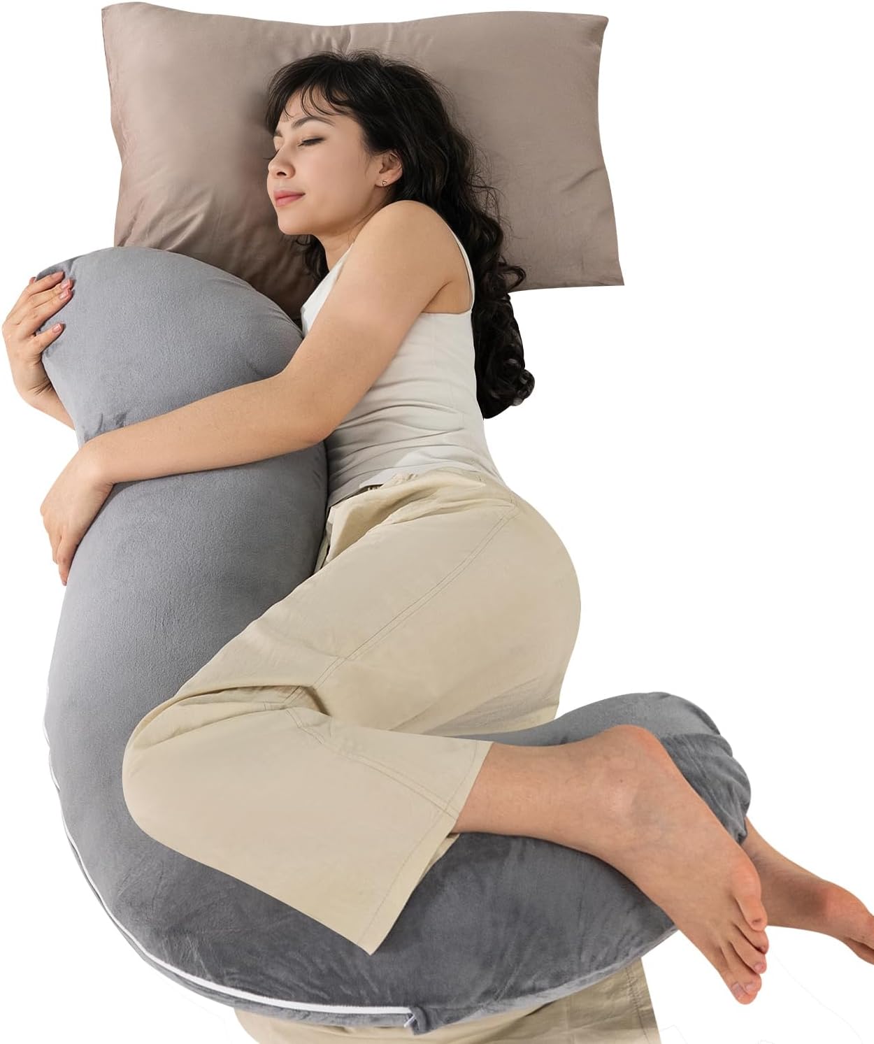 Queenrose QUEEN ROSE Body Pillow for Side Sleepers, Soft Comfort S Shaped Hug Pillow for Adults, Full Body Support, Velvet Grey Grey