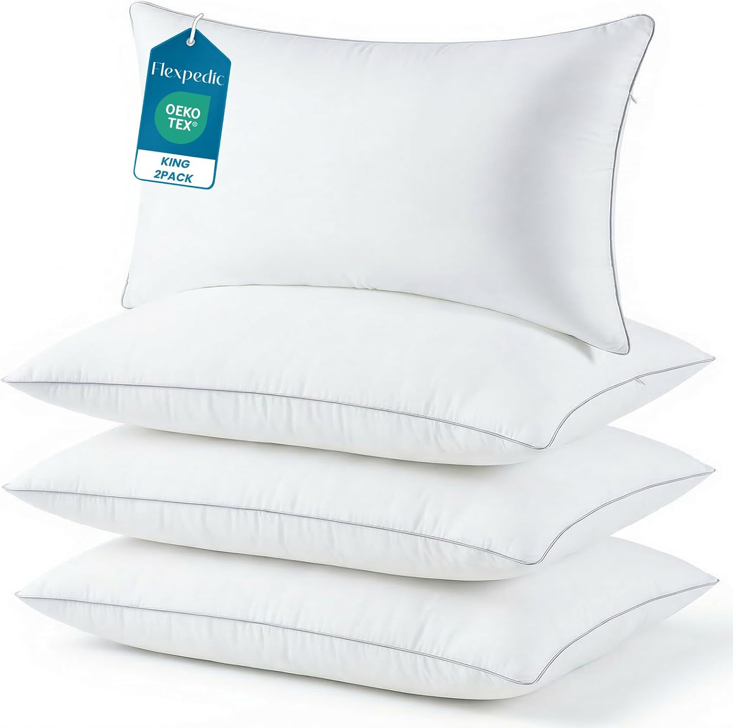 Flexpedic FP FLEXPEDIC Adjustable Bed Pillows for Sleeping - Firm Pillows King Szie Set of 4, Fluffy Down Alternative Fill, Zippered Hotel…