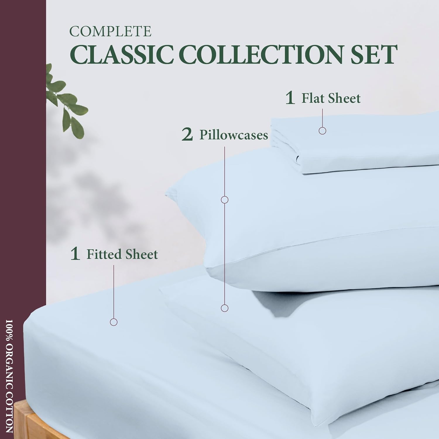 AshtonSheets 100% Organic Cotton Sheets Full Size - Organic Cotton Full Size Percale Weave Sheet Set (4 PC, Light Blue), Soft, Cooling, Cri…