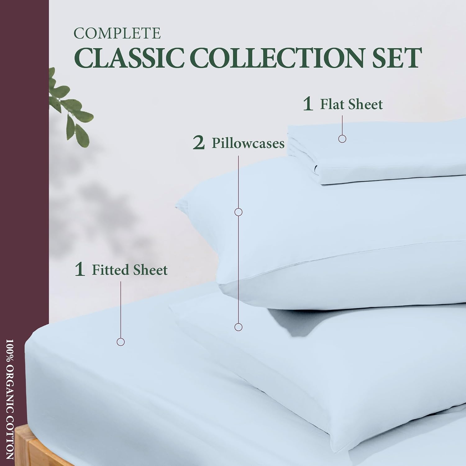 AshtonSheets 100% Organic Cotton Sheets Queen Size - Organic Cotton Queen Size Percale Weave Sheet Set (4 PC, Light Blue), Soft, Cooling, C…
