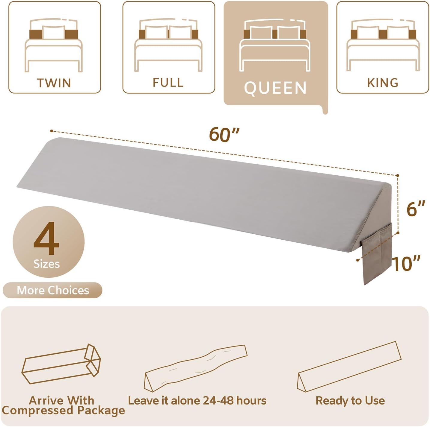Bedluxe Queen Wedge Pillow Headboard, Bed Wedge Pillow for Headboard, Bed Gap Filler Queen- Fill The Gap (0-7") (Gray, 60"x10"x6")