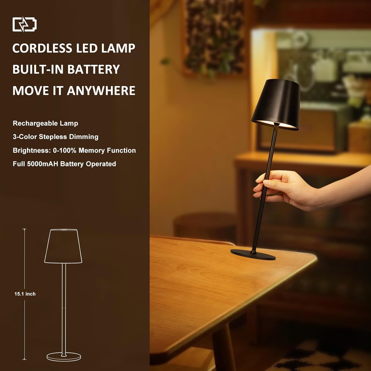 Kakanuo Cordless Table Lamp, 3 Color Stepless Dimming, 5000mAh Rechargeable Battery Powered, Outdoor LED Lamps, for Dining Room, Living…