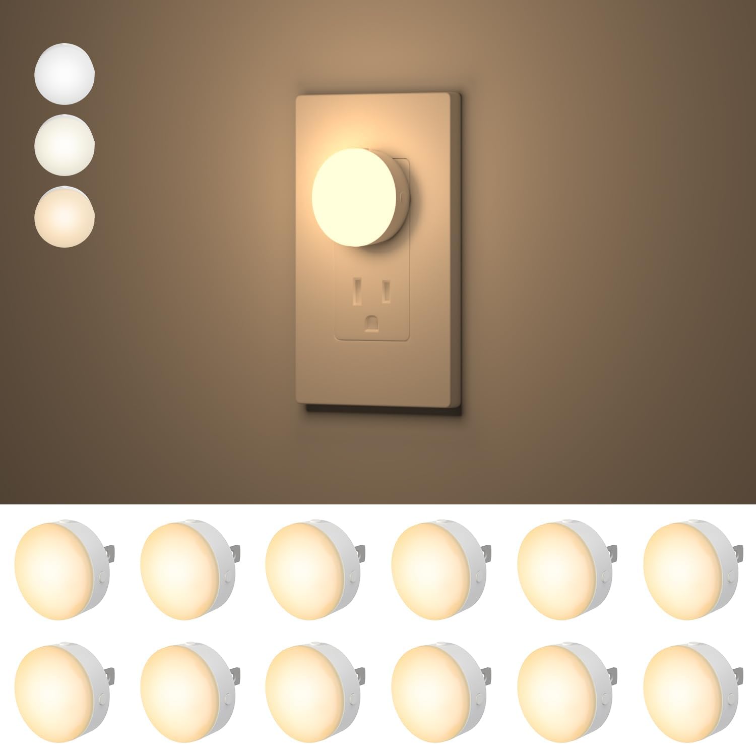 Junlitgroup Night Lights Plug in12 Pack, Dim Night Light with 3CCT, Auto Dusk to Dawn Sensor, 3 Brightness Levels, Dimmable Night Light for…