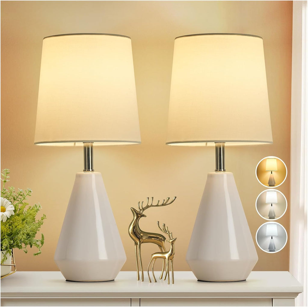 Small Bedside Table Lamp for Bedroom-Reading Desk Lamp Set of 2, with 3 Color Temperatures,15.5" Nightstand Ceramic Lamp with Fabric Shade…