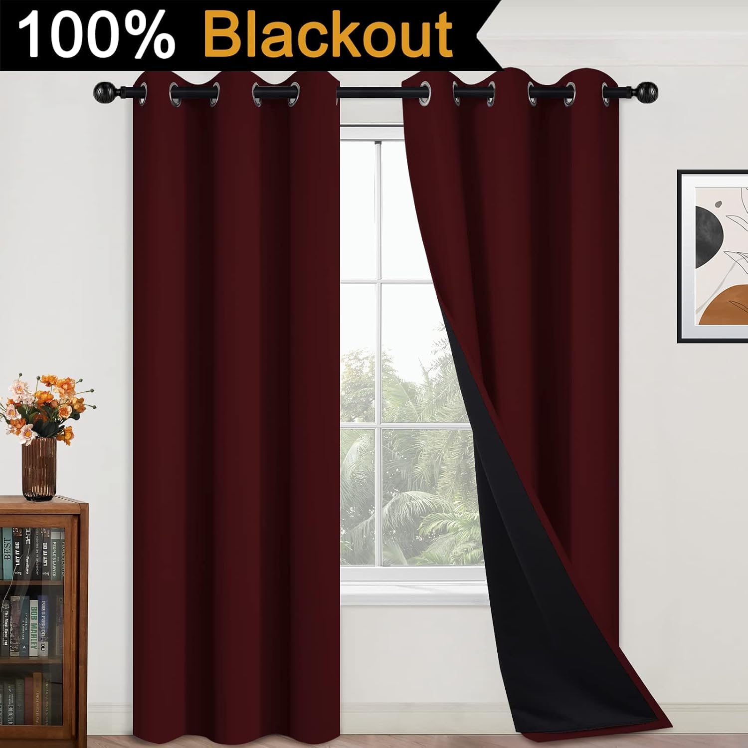 Yakamok 84 Inch Long 100% Blackout Curtains for Bedroom, 2 Thick Layers Thermal Insulated Grommet Total Blackout Drapes with Black Liner fo…