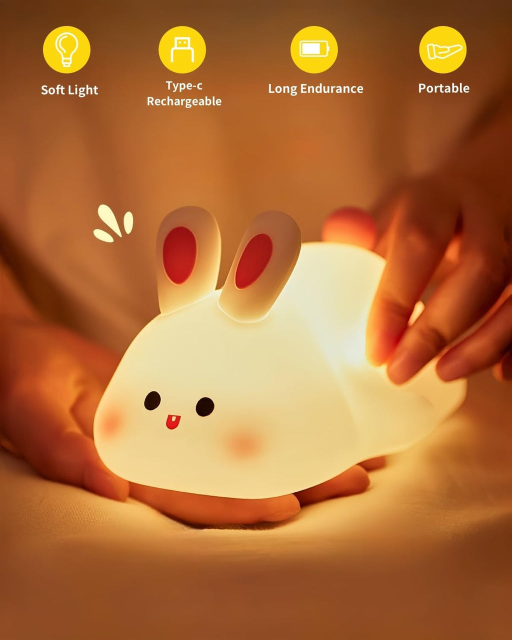 Big Face Rabbit Silicone Night Light, Squishy Bunny Lamp with Touch Control, 30-Min Timer, Rechargeable Kids Night Light for Bedroom…