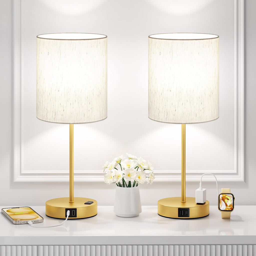 Fenmzeelighting Gold Touch Lamps for Nightstand Set of 2 - Bedside Table Lamp for Bedroom with Dual USB Ports & AC Outlet, 3-Way Dimmable L…