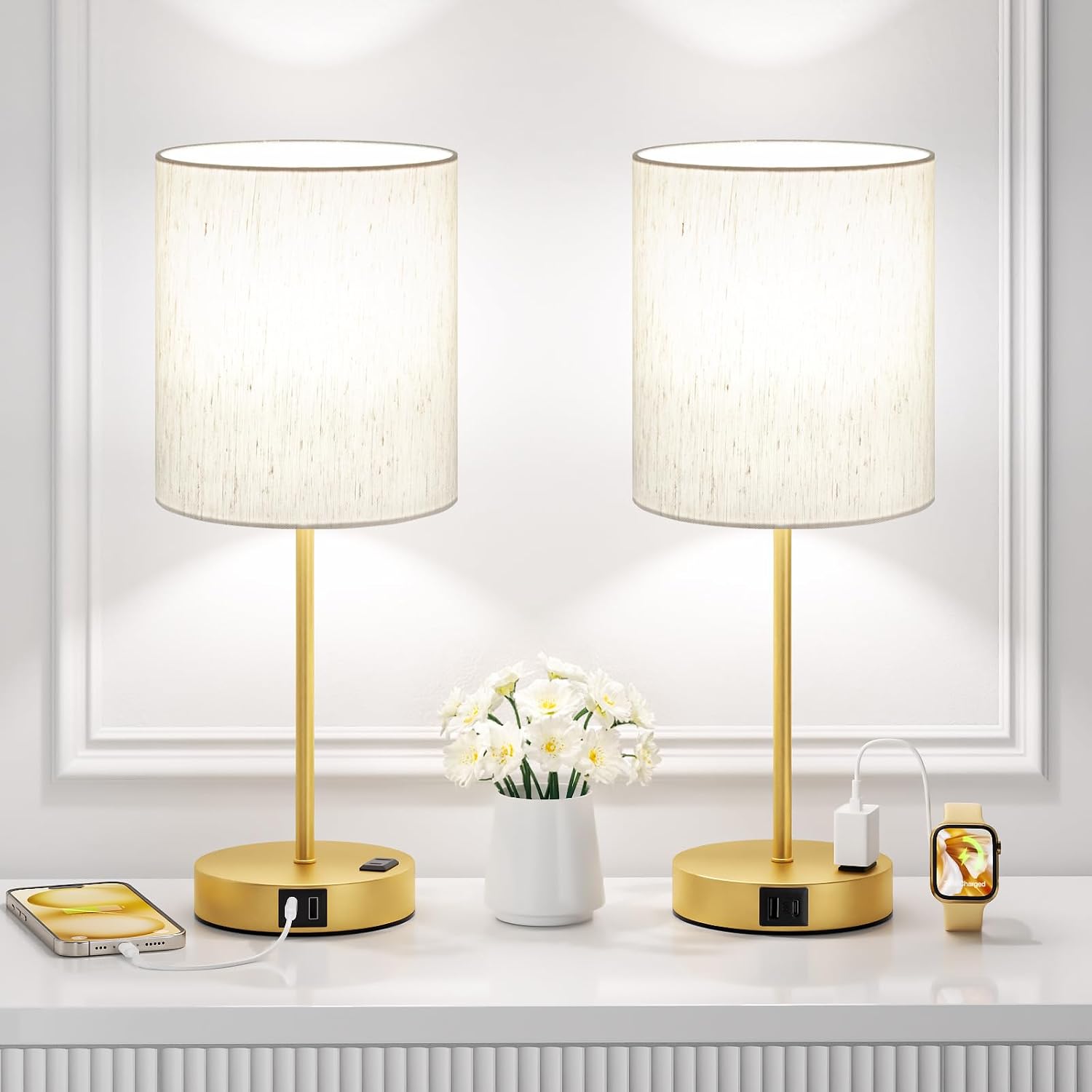 Fenmzeelighting Gold Touch Lamps for Nightstand Set of 2 - Bedside Table Lamp for Bedroom with Dual USB Ports & AC Outlet, 3-Way Dimmable L…