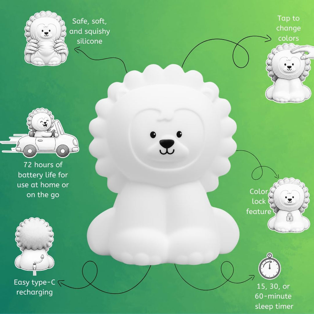 Lumipets Remote Control Silicone Night Light for Kids - Lion Design with 9 Soft Colors & Sleep Timer - Rechargeable, Battery-Operated…
