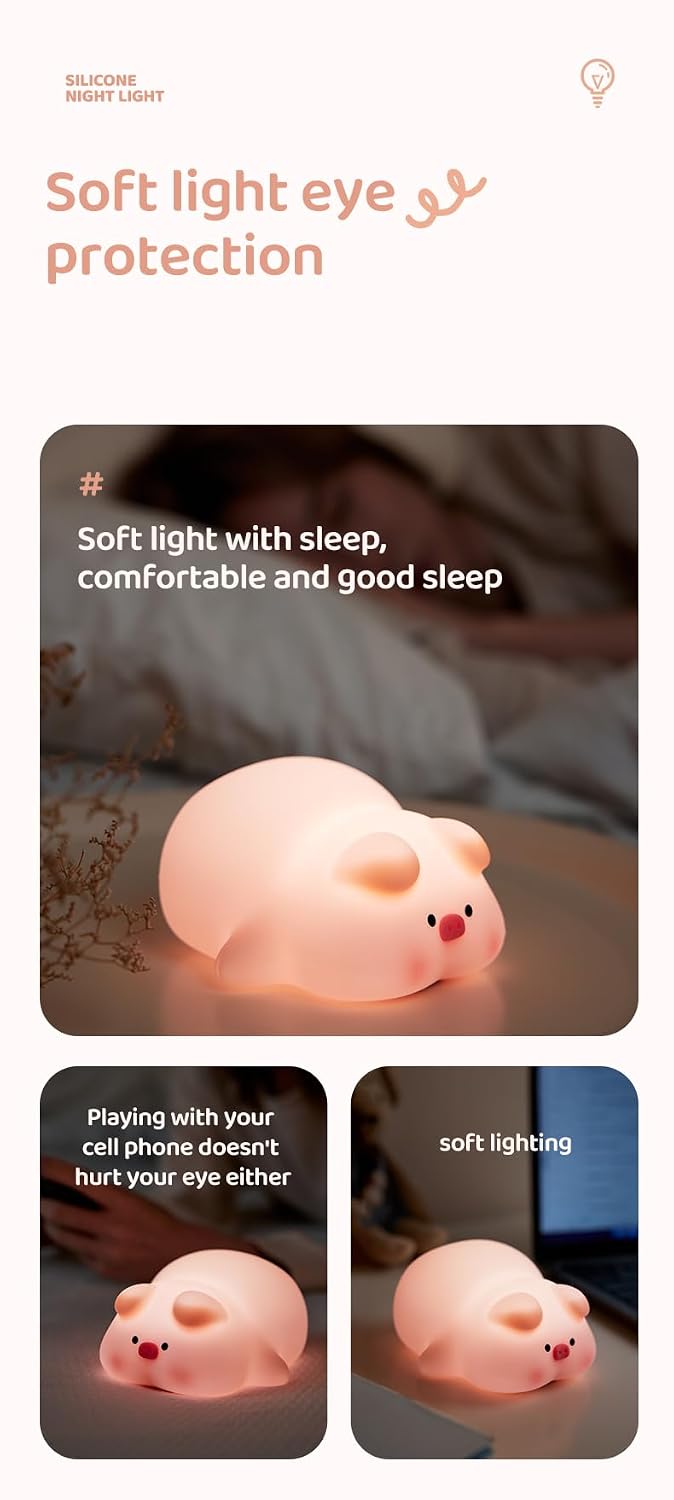 Atsuinightlight ATSUI Pig Night Light for Kids, Food Grade Silicone, Rechargeable, Tap Fun Kawaii Lamp for Kids Room, Adjustable Brightness…